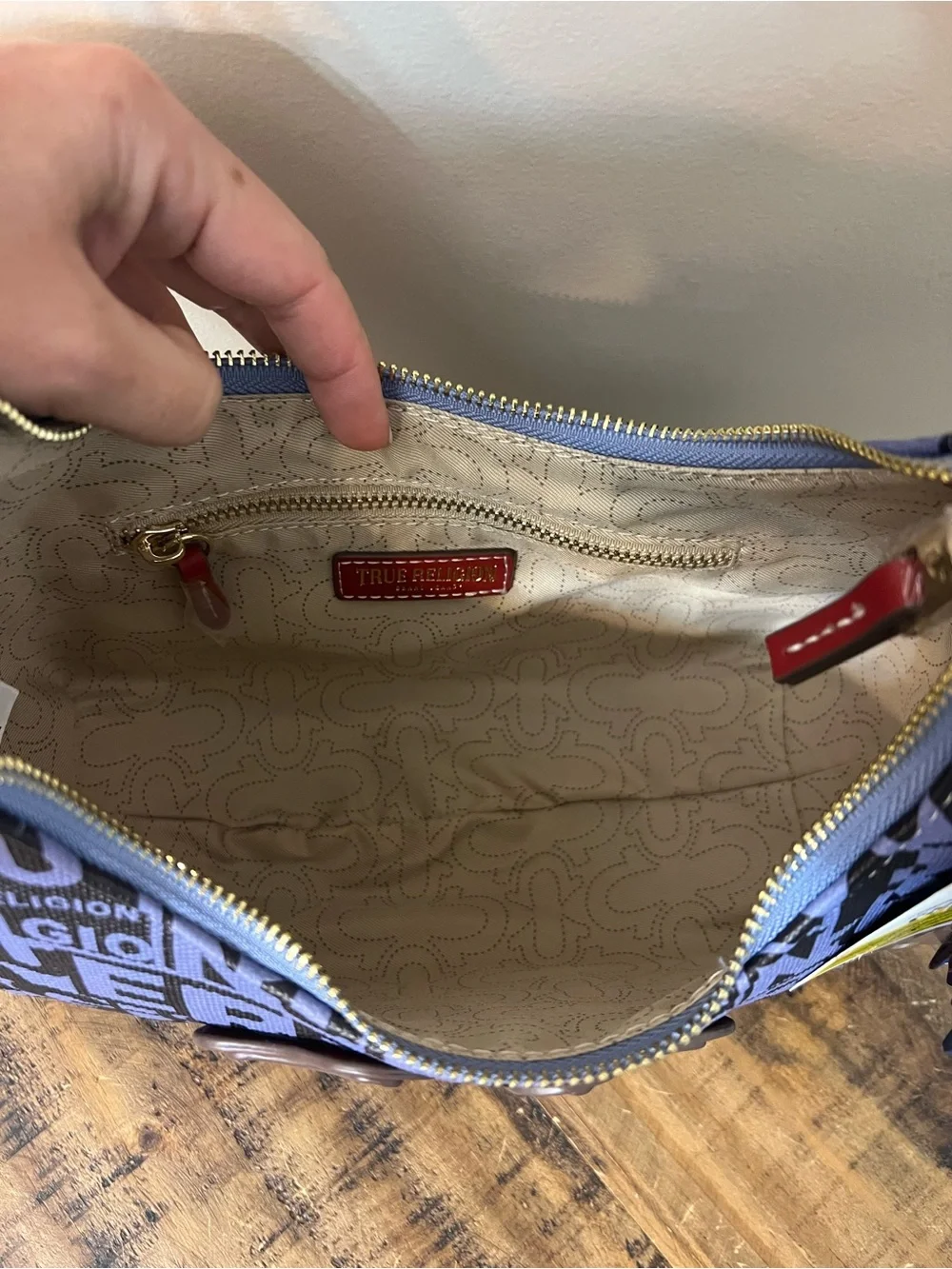 True Religion Blue and Red Logo Hobo with Charm